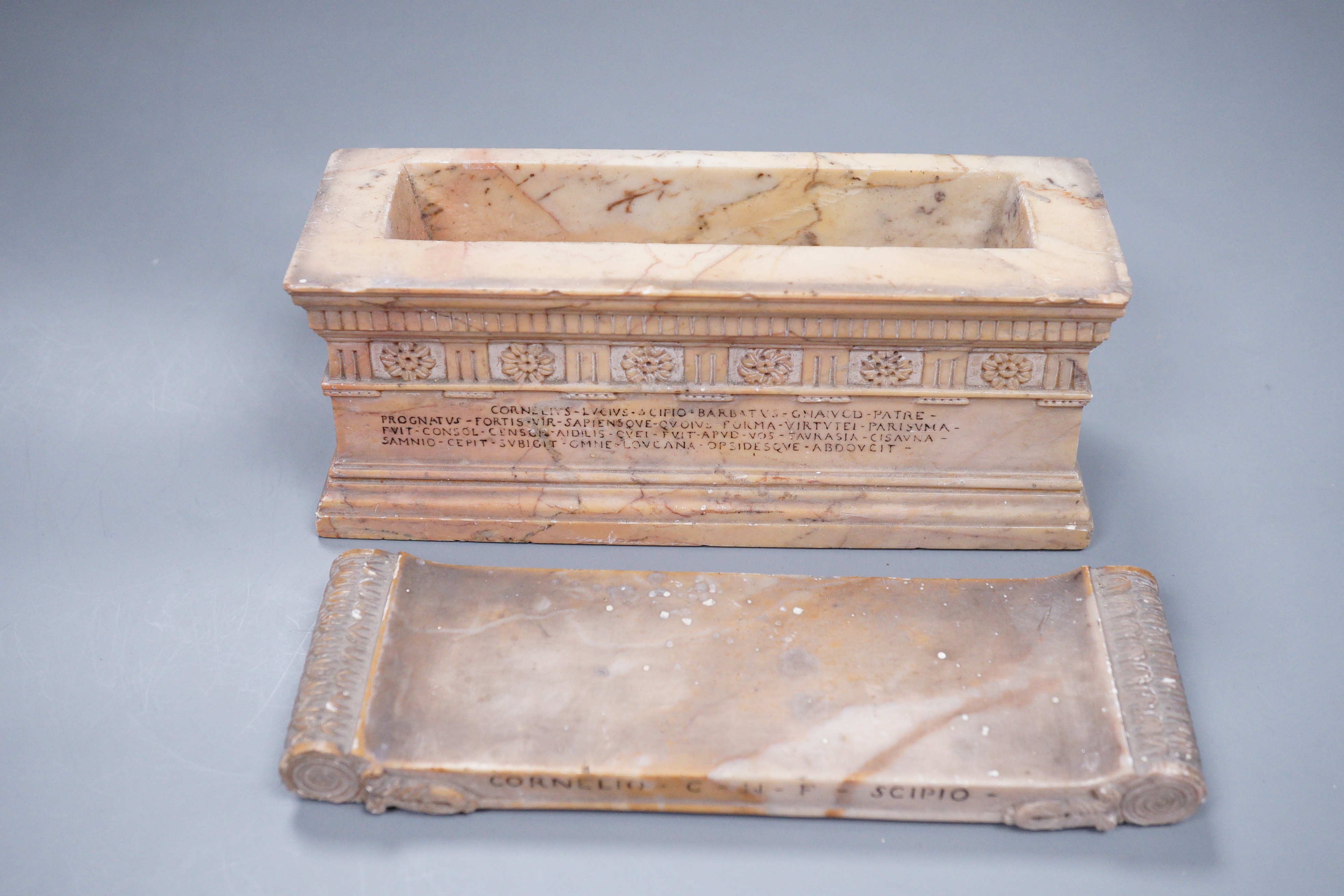 A grand tour style carved marble sarcophagus, 17cm